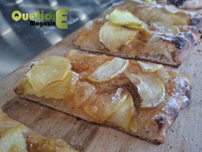 Pizza in pala con crema di arance candite, scorza di limone, marsala, noce moscata, cannella, mele